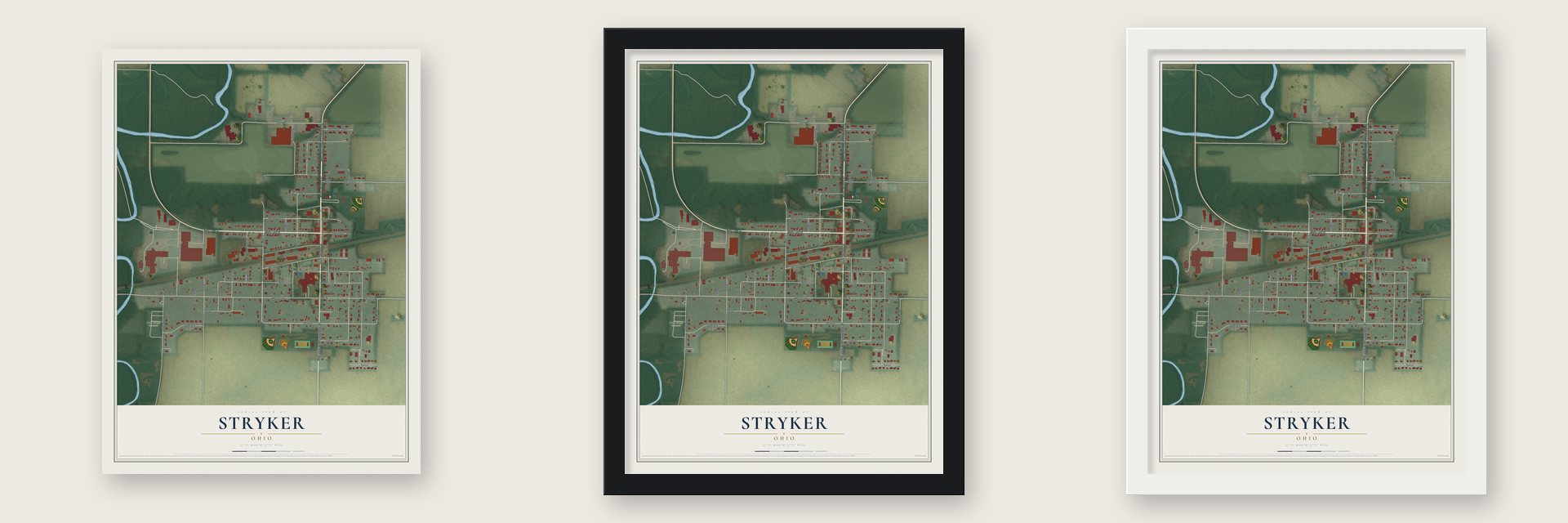 Stryker, Ohio map unframed, in a black wood frame and in a white wood frame