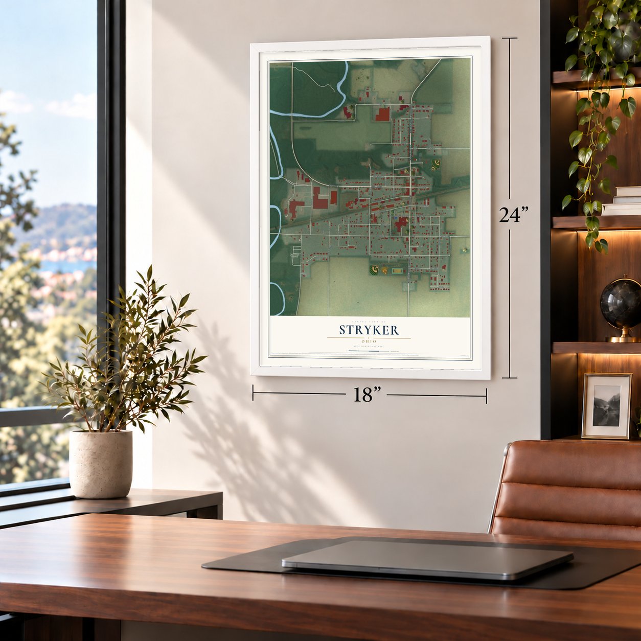 Stryker, Ohio map, 18 x 24 inch print in a white frame in a home office