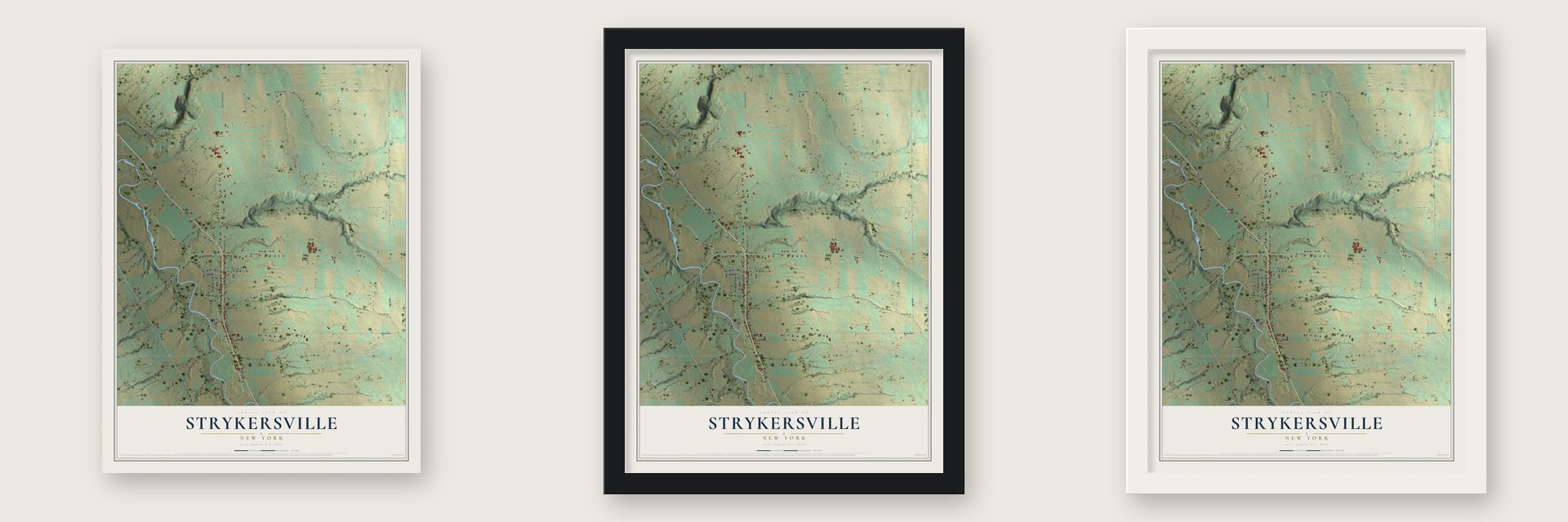 Strykersville, New York map unframed, in a black wood frame and in a white wood frame