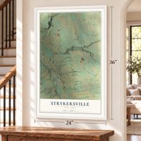 Strykersville, New York map, 24 x 36 inch print in a white frame by a staircase