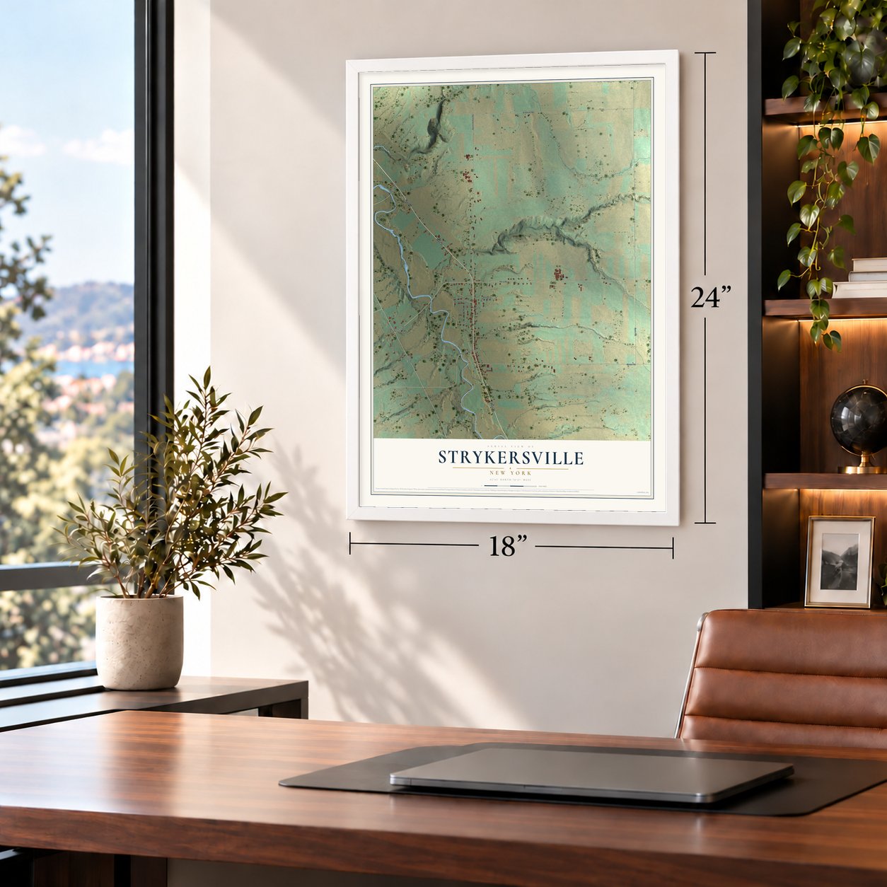 Strykersville, New York map, 18 x 24 inch print in a white frame in a home office