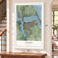 Stuart, Florida map, 24 x 36 inch print in a white frame by a staircase