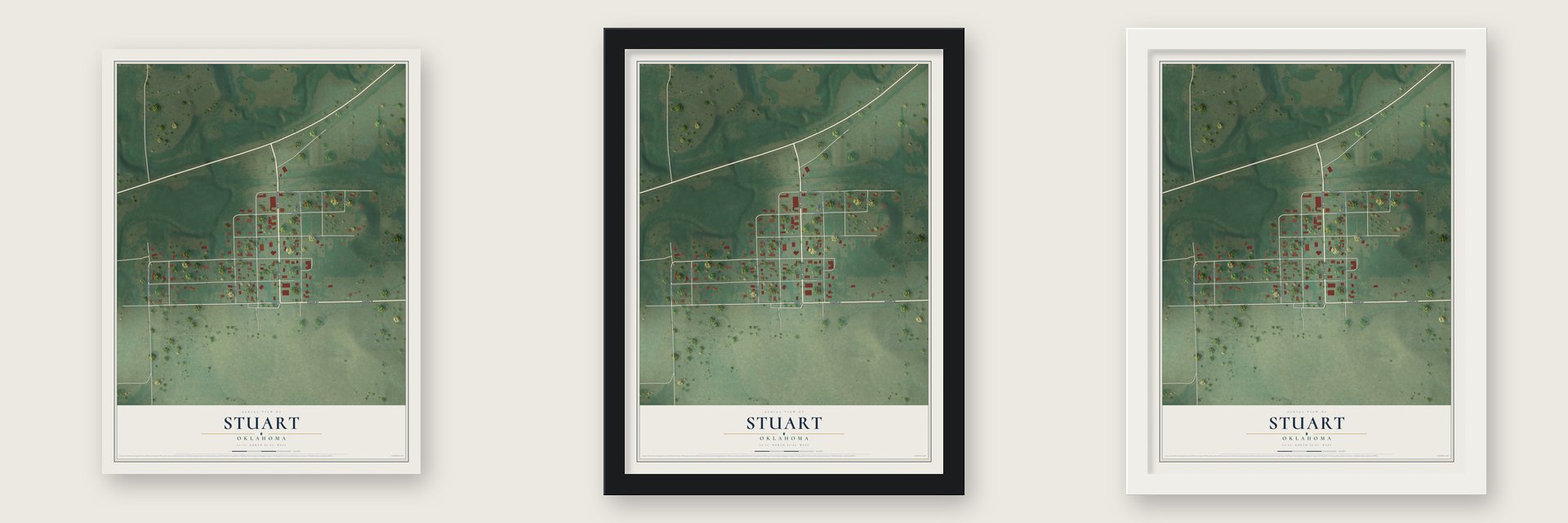 Stuart, Oklahoma map unframed, in a black wood frame and in a white wood frame