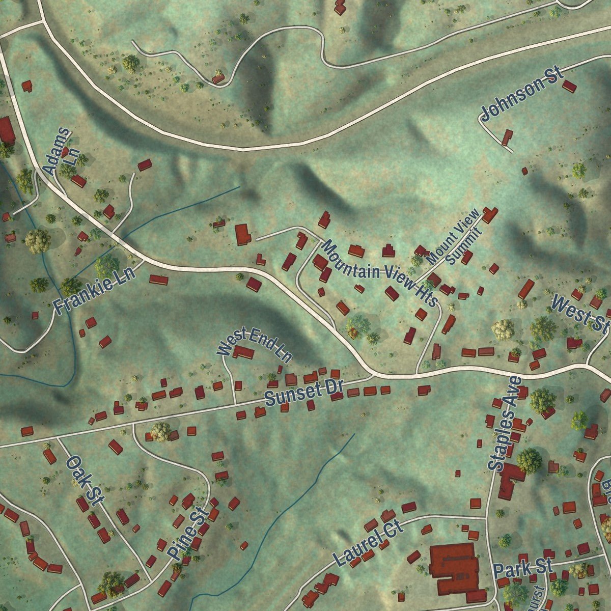 Second close-up of the map of Stuart, Virginia print showing more streets and buildings