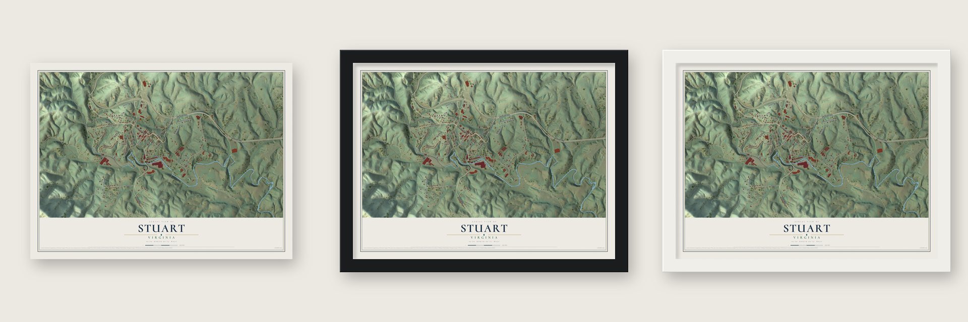 Stuart, Virginia map unframed, in a black wood frame and in a white wood frame