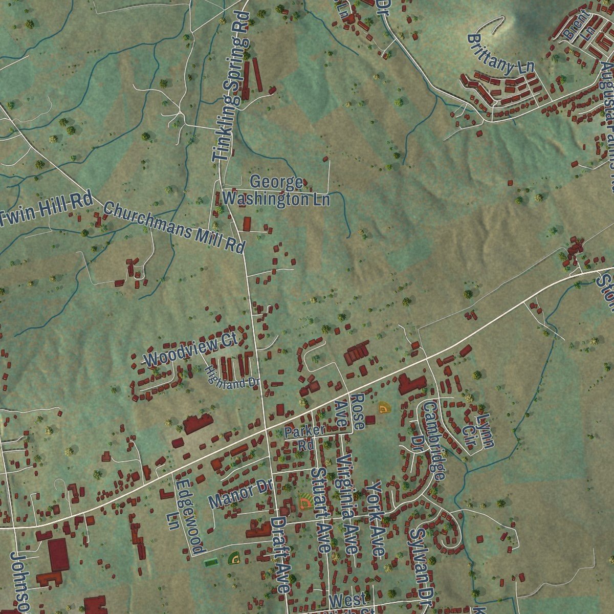 Second close-up of the map of Stuarts Draft, Virginia print showing more streets and buildings