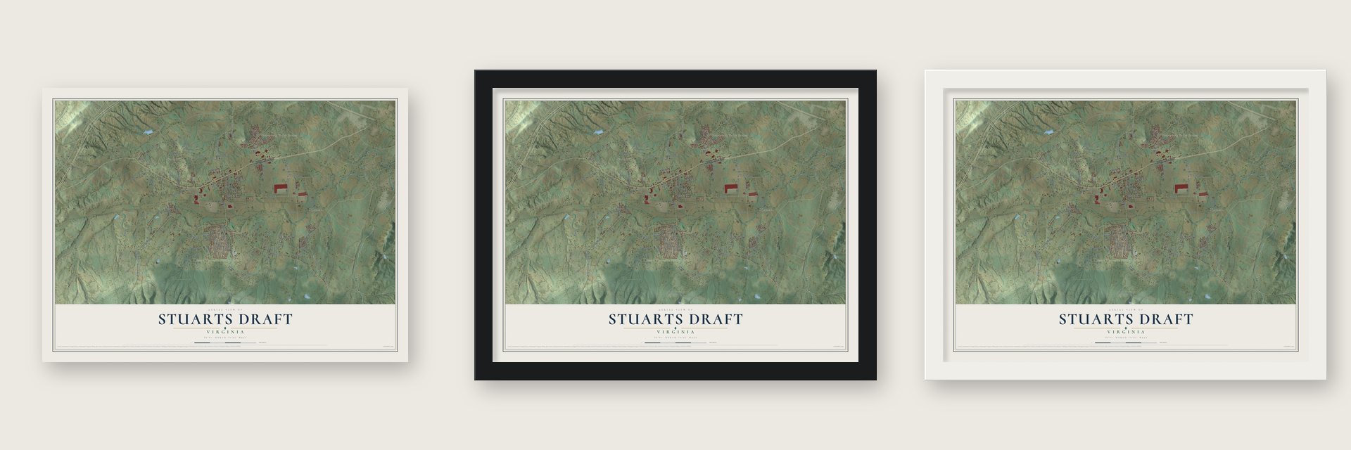 Stuarts Draft, Virginia map unframed, in a black wood frame and in a white wood frame