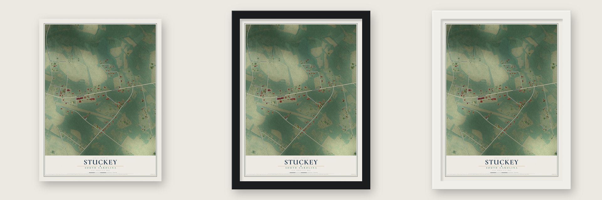 Stuckey, South Carolina map unframed, in a black wood frame and in a white wood frame