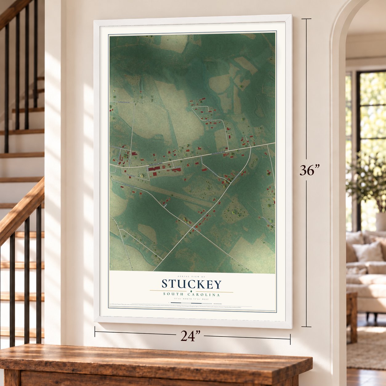 Stuckey, South Carolina map, 24 x 36 inch print in a white frame by a staircase