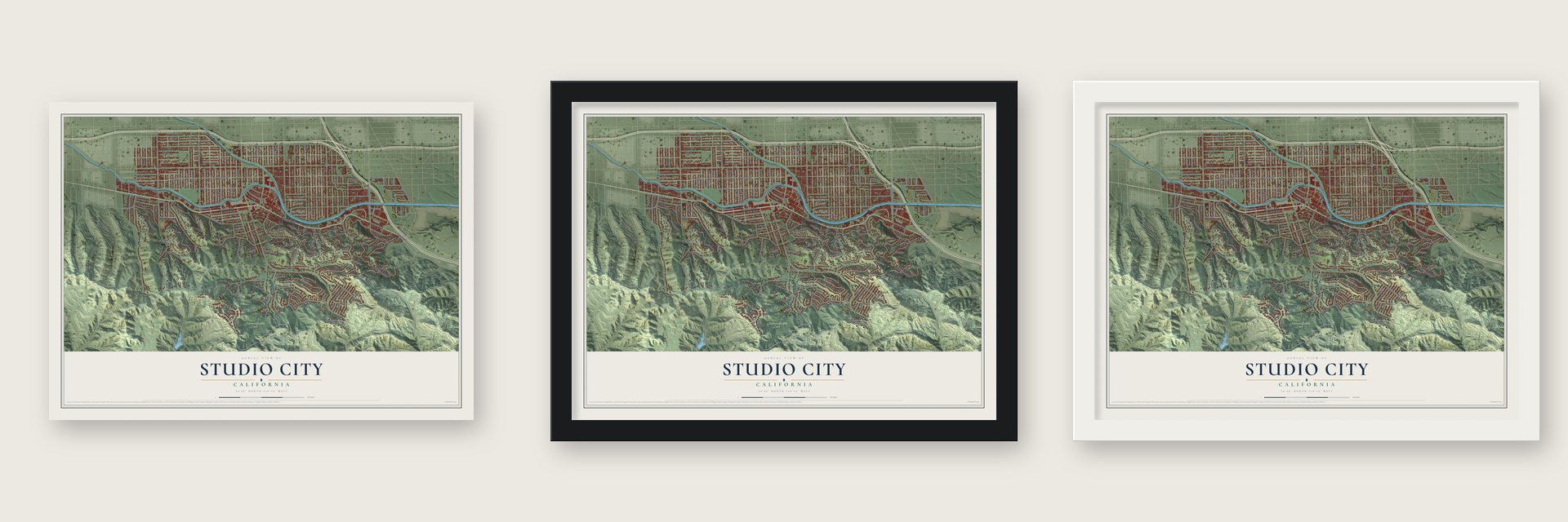 Studio City, California map unframed, in a black wood frame and in a white wood frame