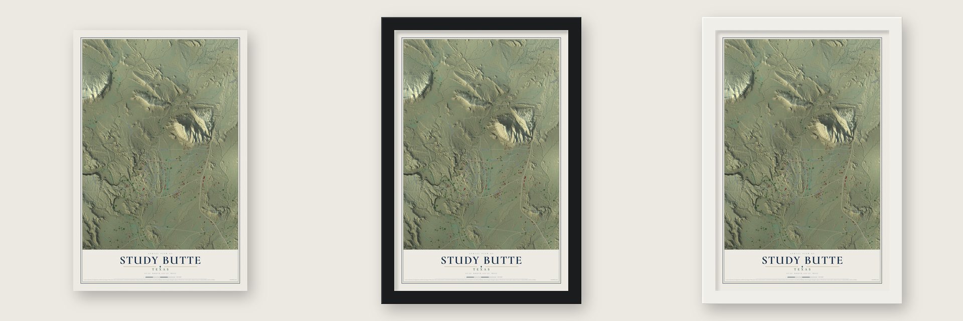 Study Butte, Texas map unframed, in a black wood frame and in a white wood frame