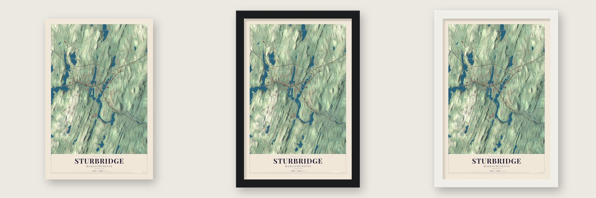 Sturbridge, Massachusetts map unframed, in a black wood frame and in a white wood frame
