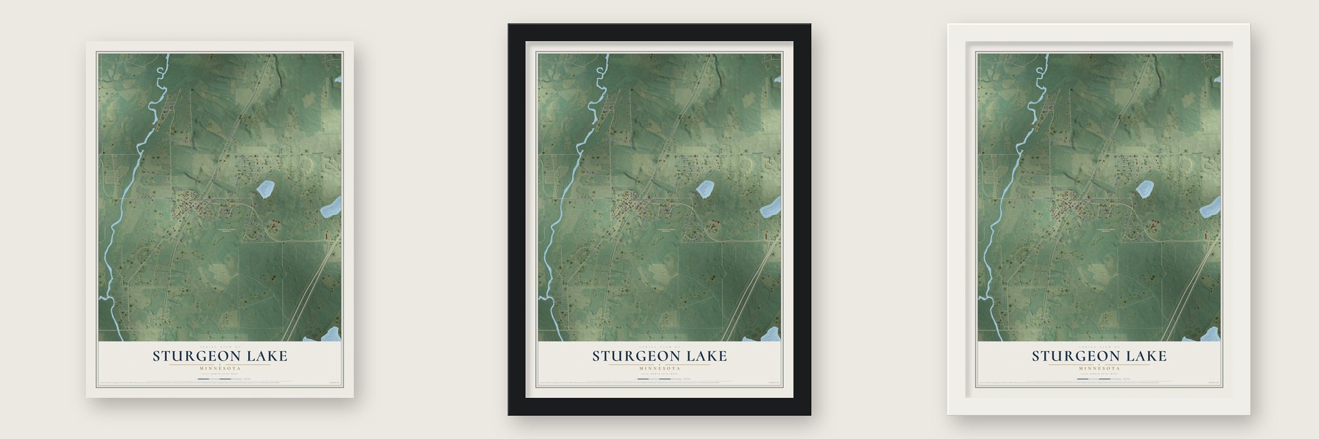 Sturgeon Lake, Minnesota map unframed, in a black wood frame and in a white wood frame