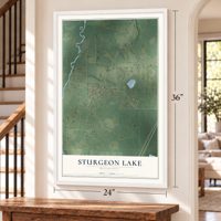 Sturgeon Lake, Minnesota map, 24 x 36 inch print in a white frame by a staircase
