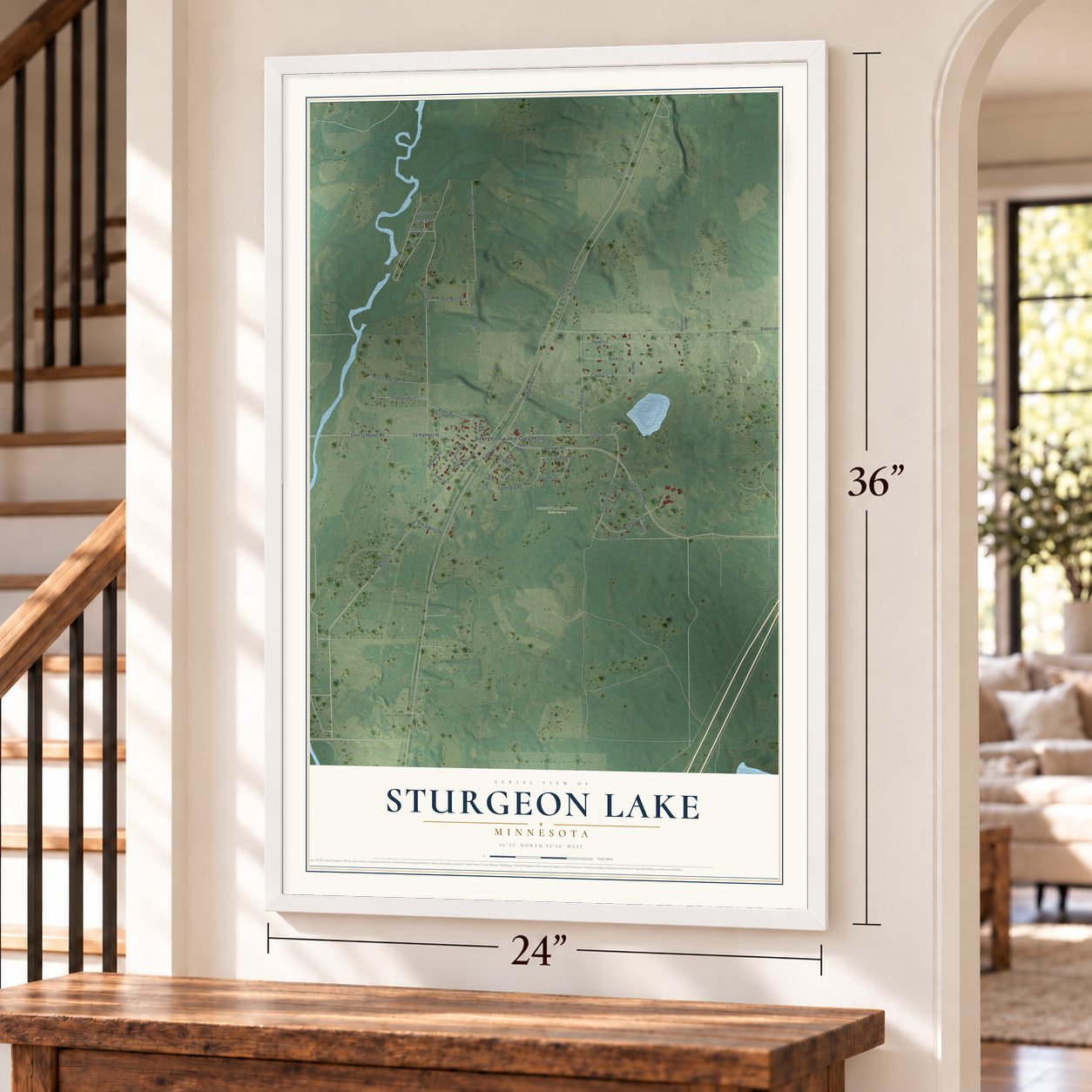 Sturgeon Lake, Minnesota map, 24 x 36 inch print in a white frame by a staircase