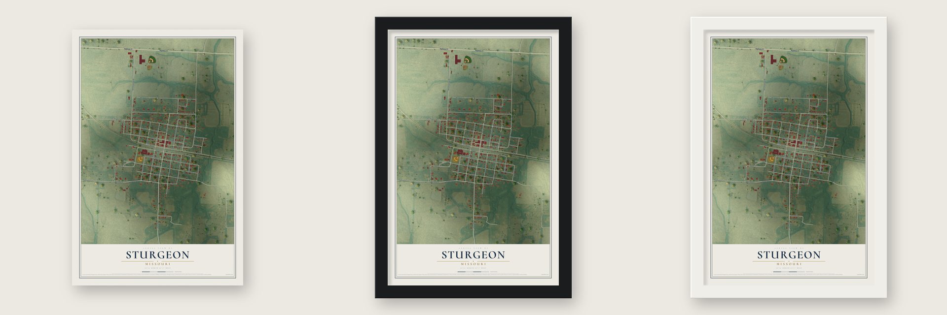 Sturgeon, Missouri map unframed, in a black wood frame and in a white wood frame