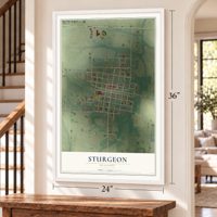 Sturgeon, Missouri map, 24 x 36 inch print in a white frame by a staircase