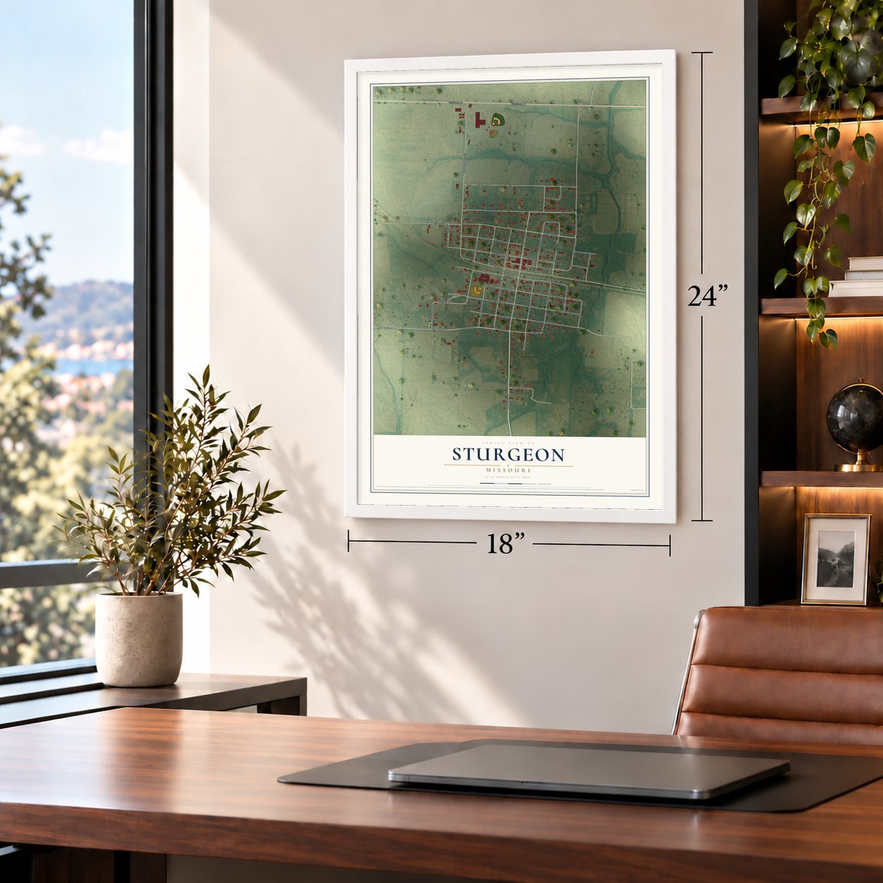 Sturgeon, Missouri map, 18 x 24 inch print in a white frame in a home office