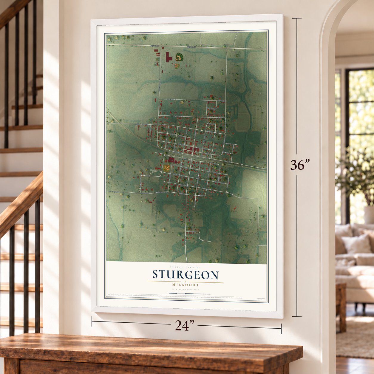 Sturgeon, Missouri map, 24 x 36 inch print in a white frame by a staircase