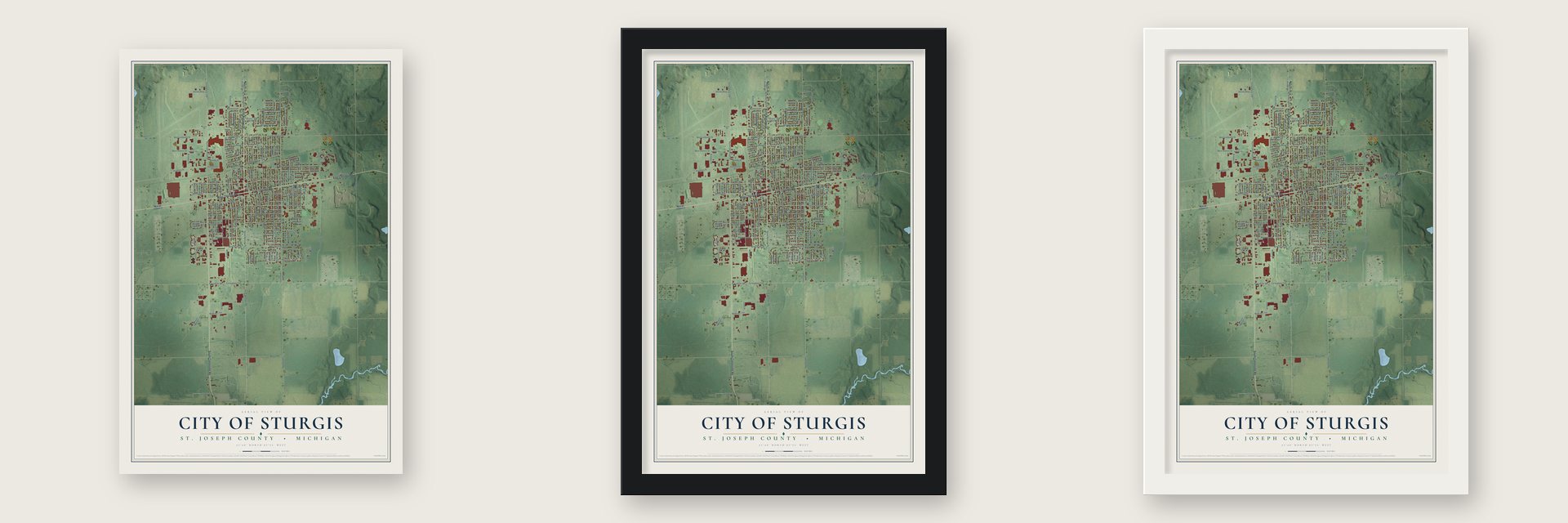 Sturgis, Michigan map unframed, in a black wood frame and in a white wood frame
