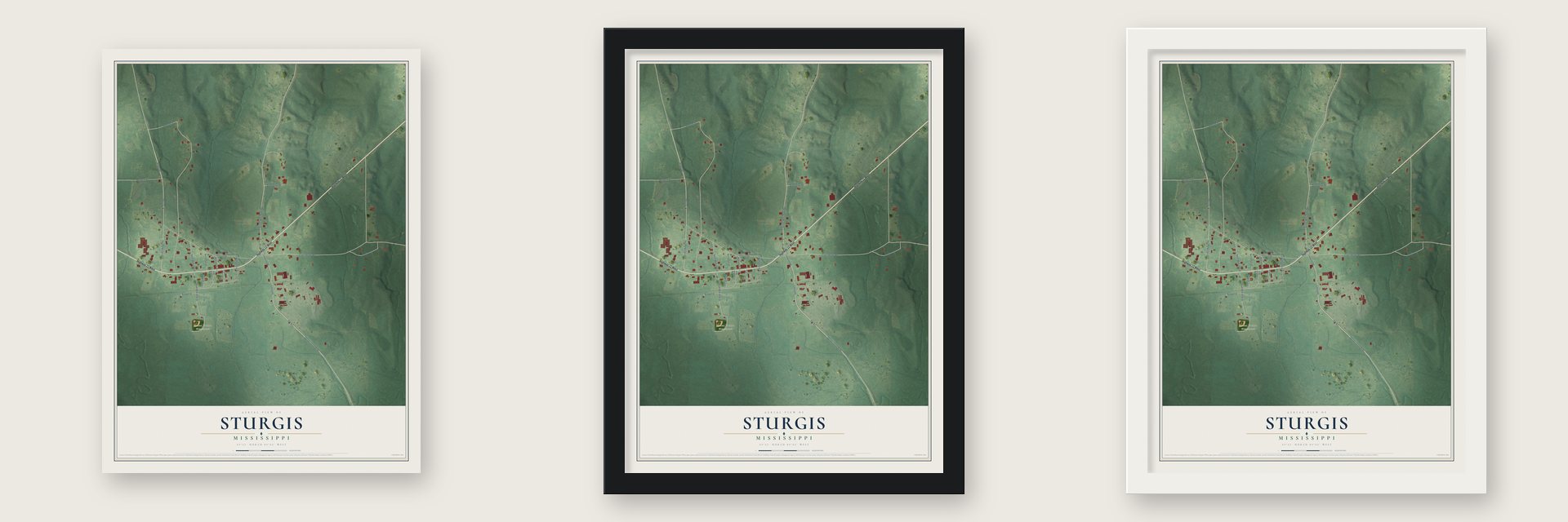 Sturgis, Mississippi map unframed, in a black wood frame and in a white wood frame