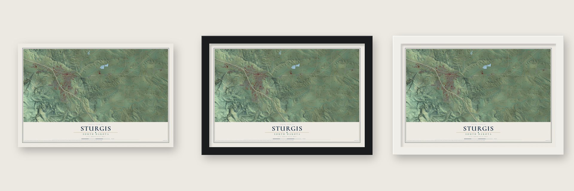 Sturgis, South Dakota map unframed, in a black wood frame and in a white wood frame
