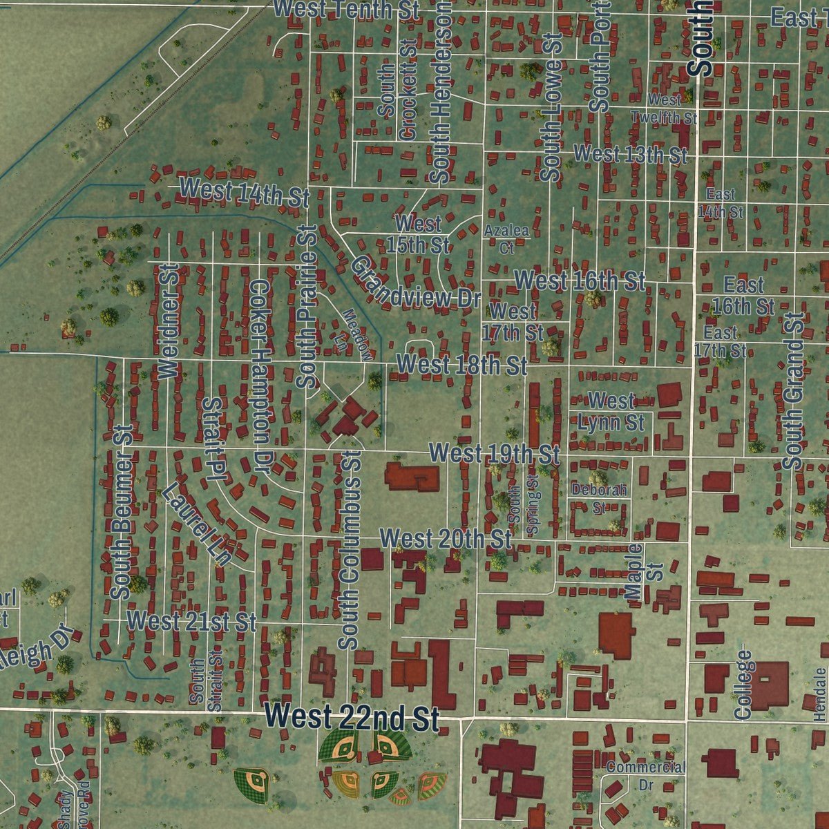 Second close-up of the map of Stuttgart, Arkansas print showing more streets and buildings