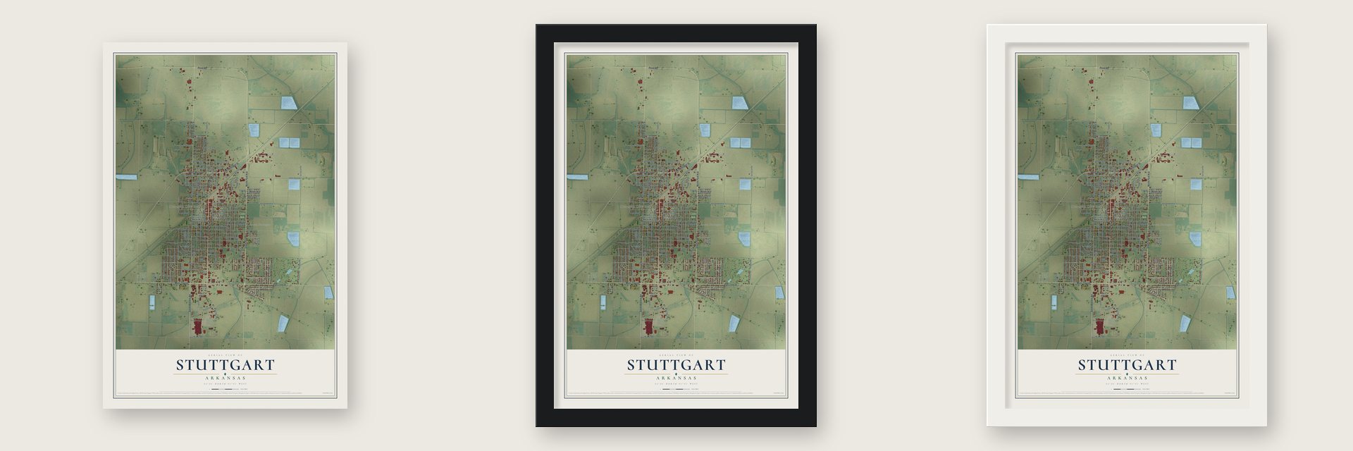Stuttgart, Arkansas map unframed, in a black wood frame and in a white wood frame