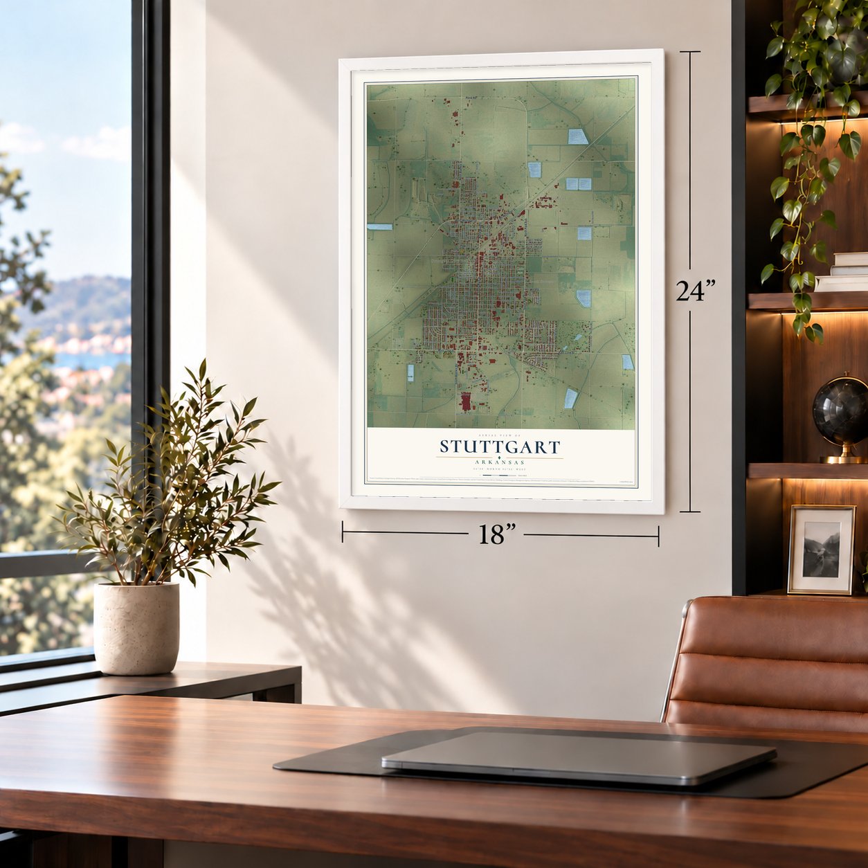 Stuttgart, Arkansas map, 18 x 24 inch print in a white frame in a home office
