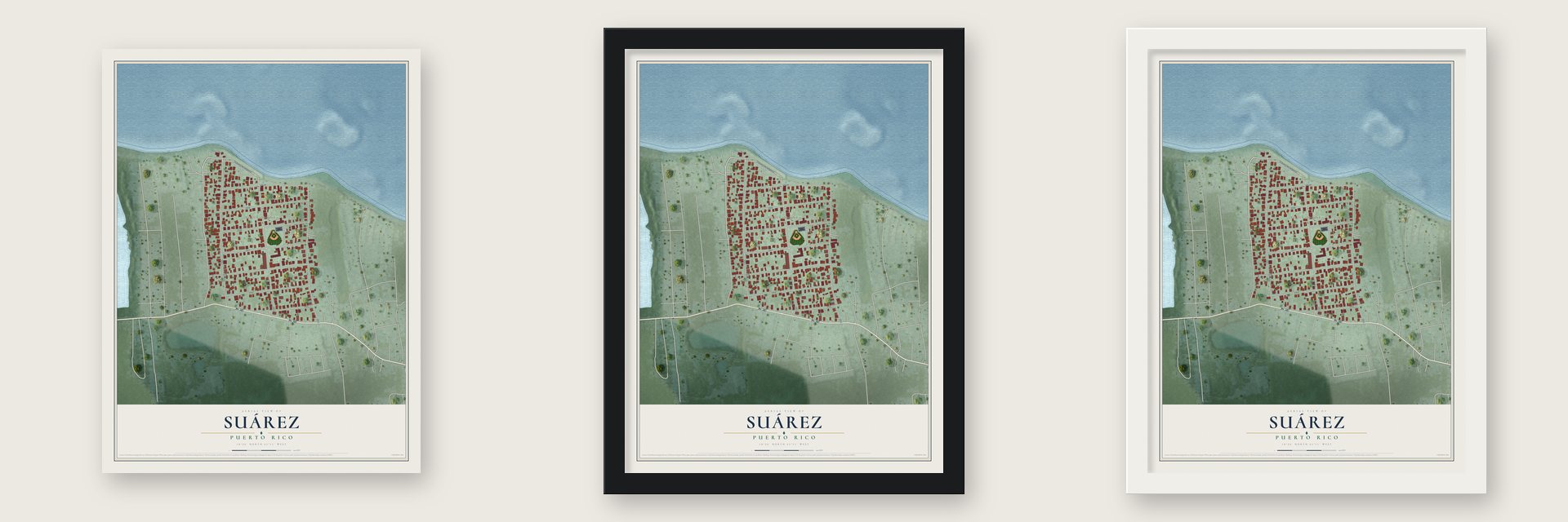 Suárez, Puerto Rico map unframed, in a black wood frame and in a white wood frame