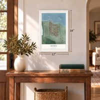 Suárez, Puerto Rico map, 12 x 18 inch print in a white frame in an entryway