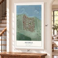 Suárez, Puerto Rico map, 24 x 36 inch print in a white frame by a staircase