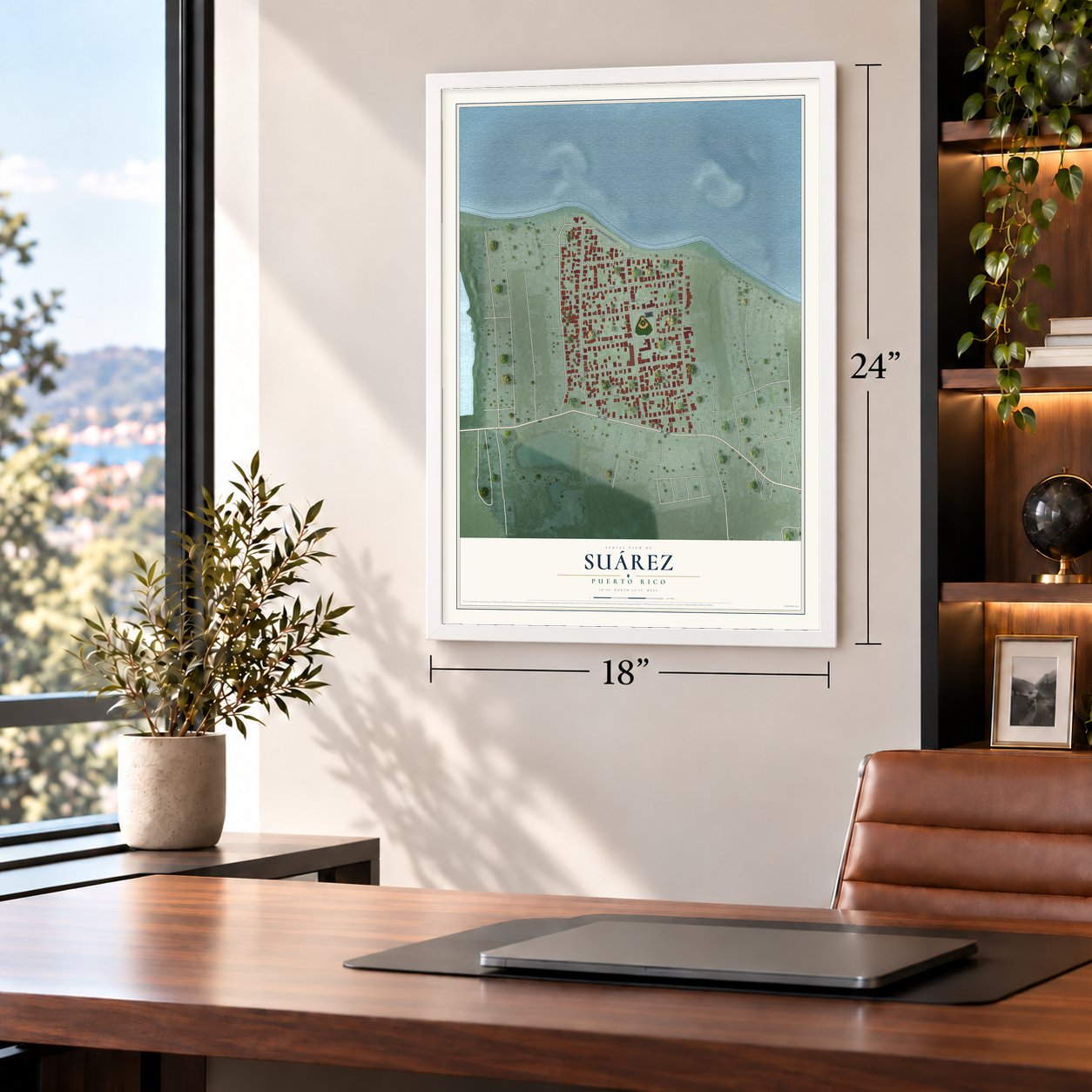 Suárez, Puerto Rico map, 18 x 24 inch print in a white frame in a home office