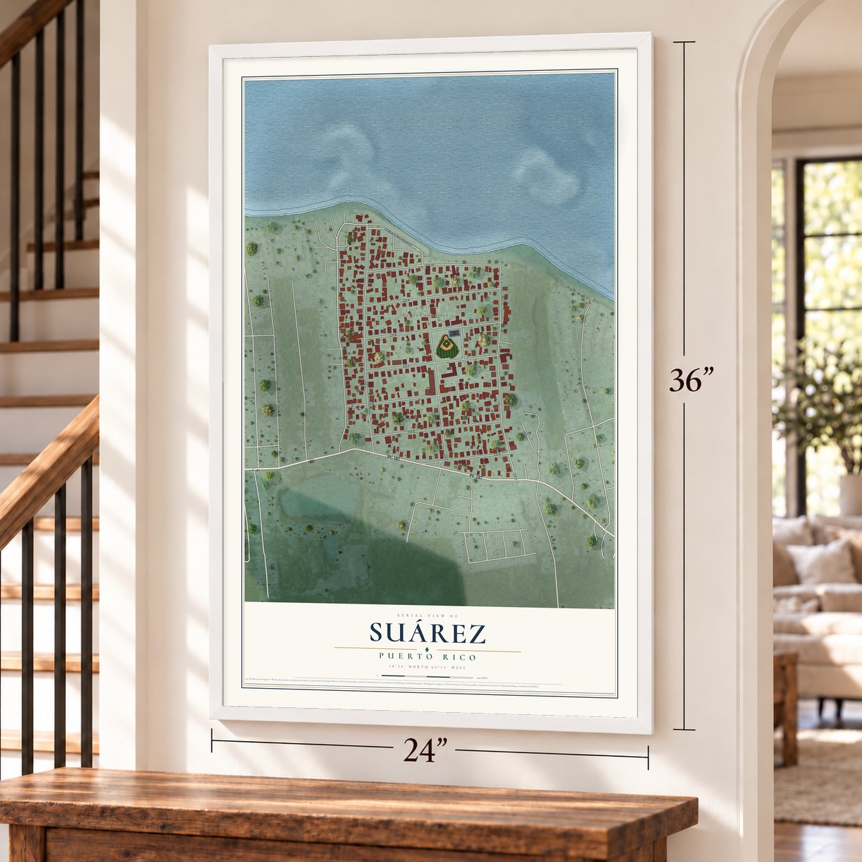 Suárez, Puerto Rico map, 24 x 36 inch print in a white frame by a staircase