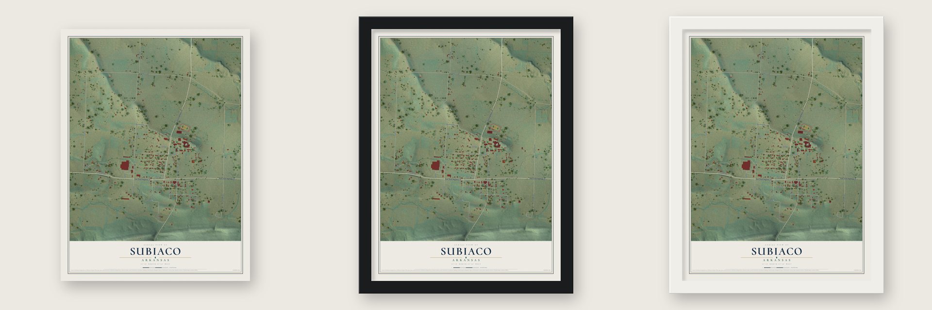 Subiaco, Arkansas map unframed, in a black wood frame and in a white wood frame