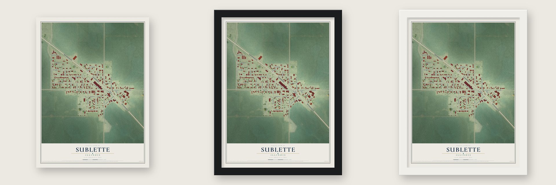 Sublette, Illinois map unframed, in a black wood frame and in a white wood frame