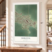 Sublette, Illinois map, 24 x 36 inch print in a white frame by a staircase