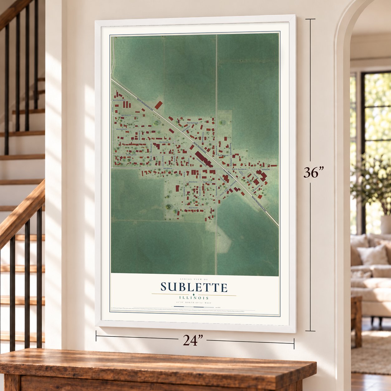 Sublette, Illinois map, 24 x 36 inch print in a white frame by a staircase