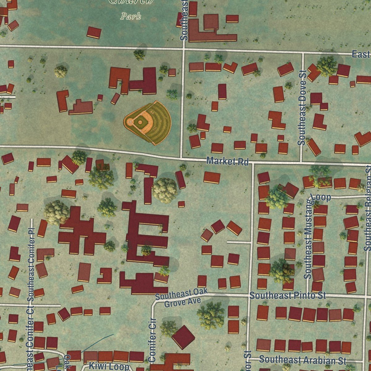 Second close-up of the map of Sublimity, Oregon print showing more streets and buildings