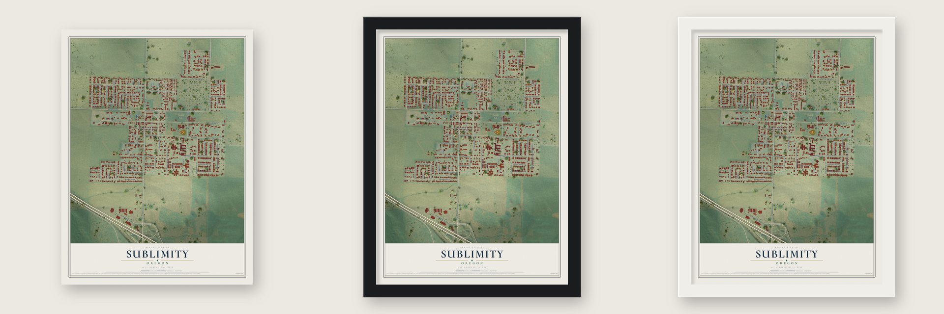 Sublimity, Oregon map unframed, in a black wood frame and in a white wood frame