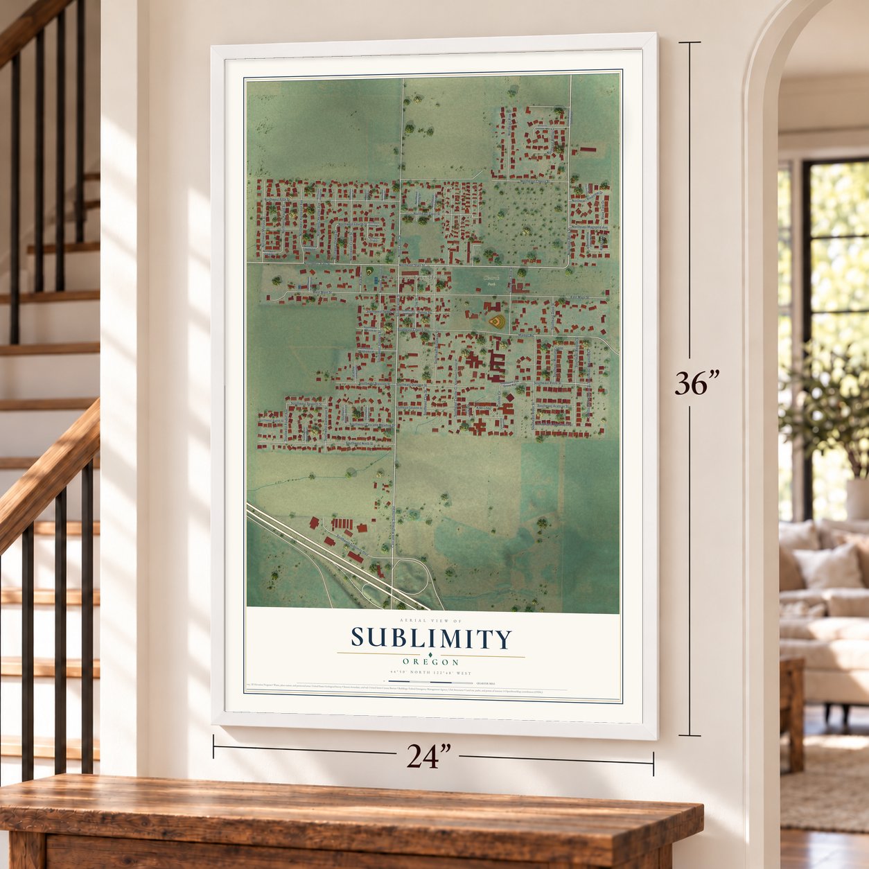 Sublimity, Oregon map, 24 x 36 inch print in a white frame by a staircase