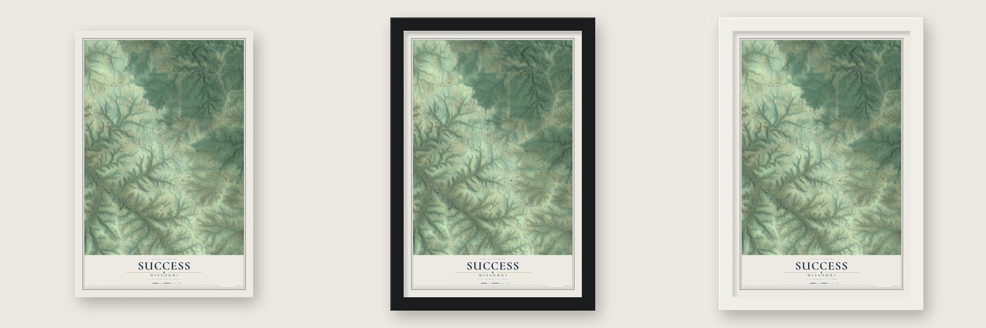 Success, Missouri map unframed, in a black wood frame and in a white wood frame