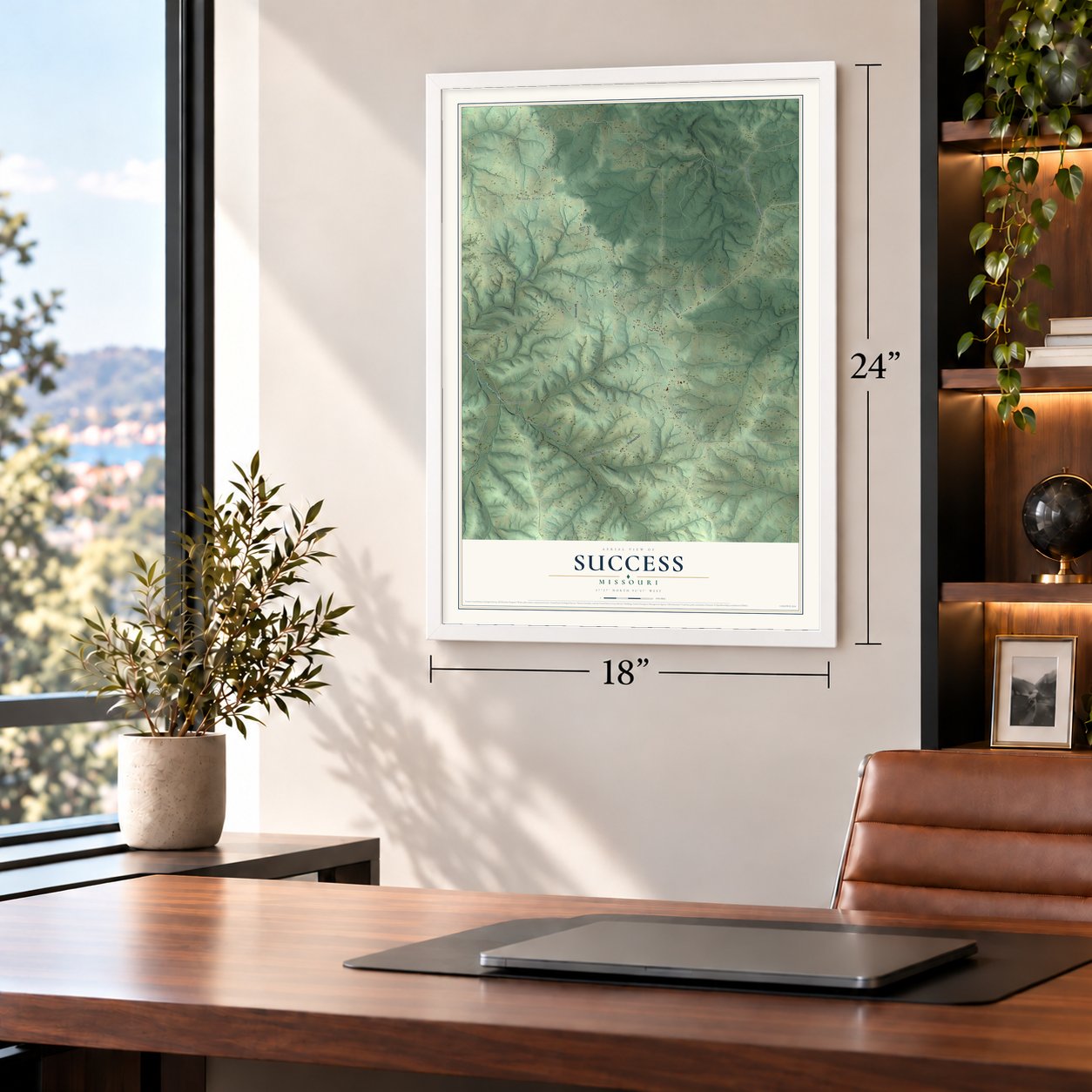 Success, Missouri map, 18 x 24 inch print in a white frame in a home office