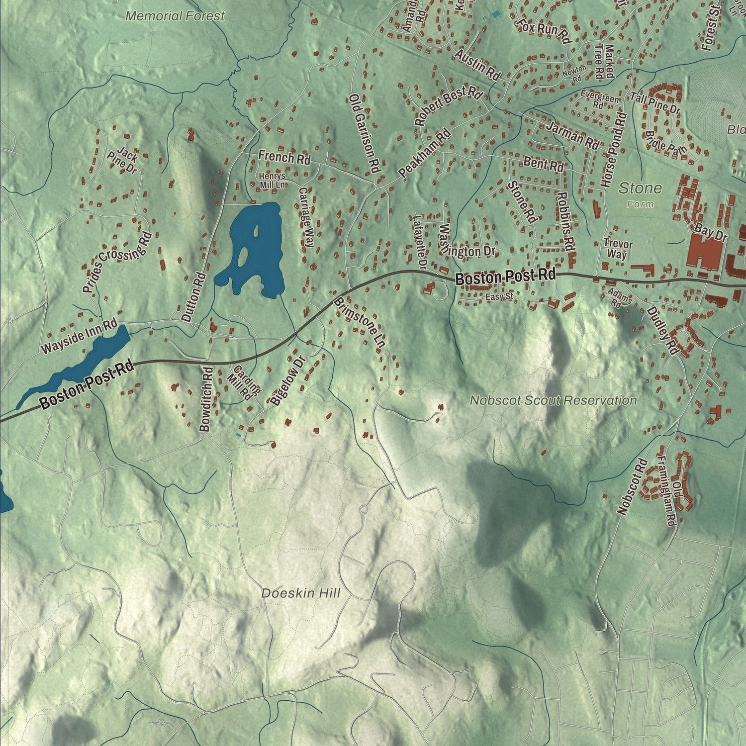 Close-up of the map of Sudbury, Massachusetts print showing terrain and local geography