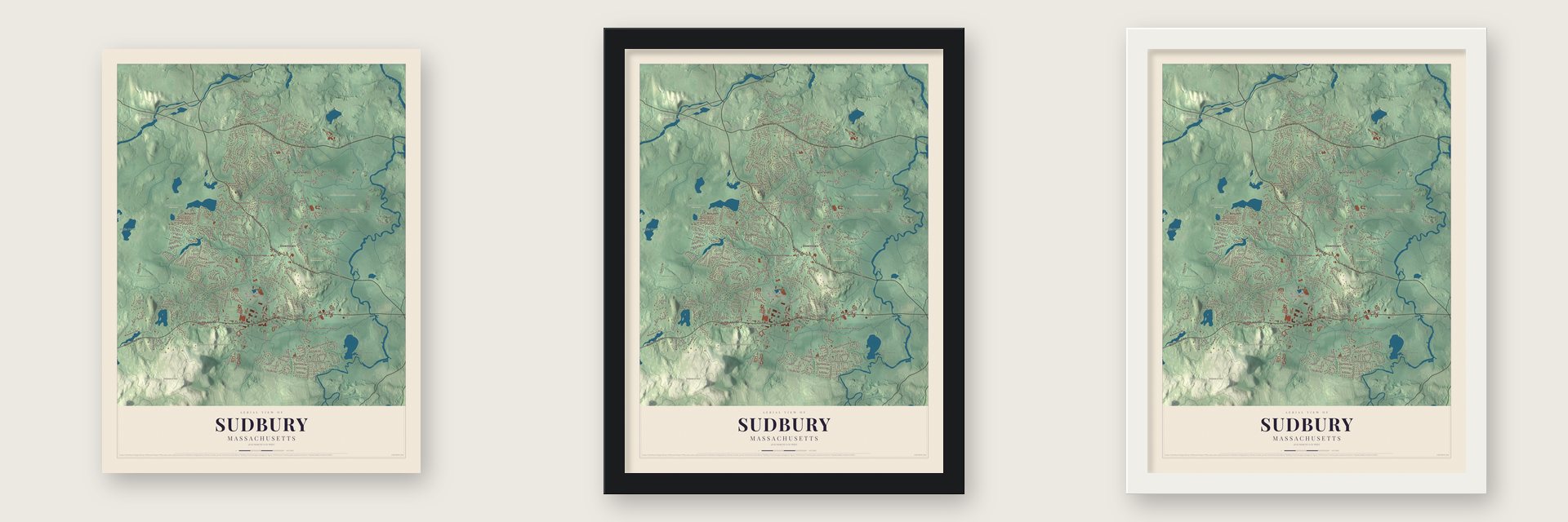 Sudbury, Massachusetts map unframed, in a black wood frame and in a white wood frame