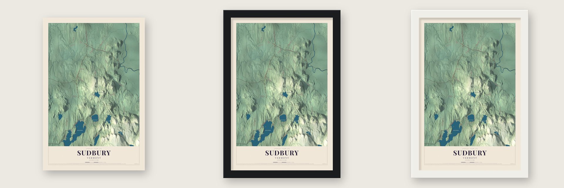 Sudbury, Vermont map unframed, in a black wood frame and in a white wood frame