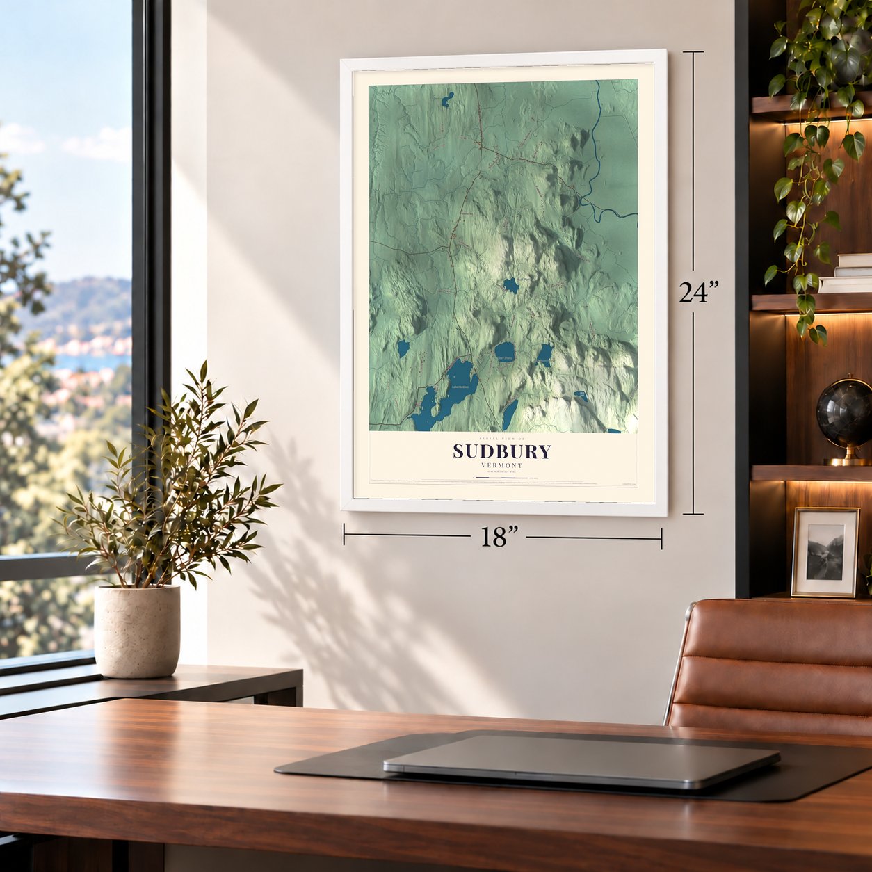 Sudbury, Vermont map, 18 x 24 inch print in a white frame in a home office