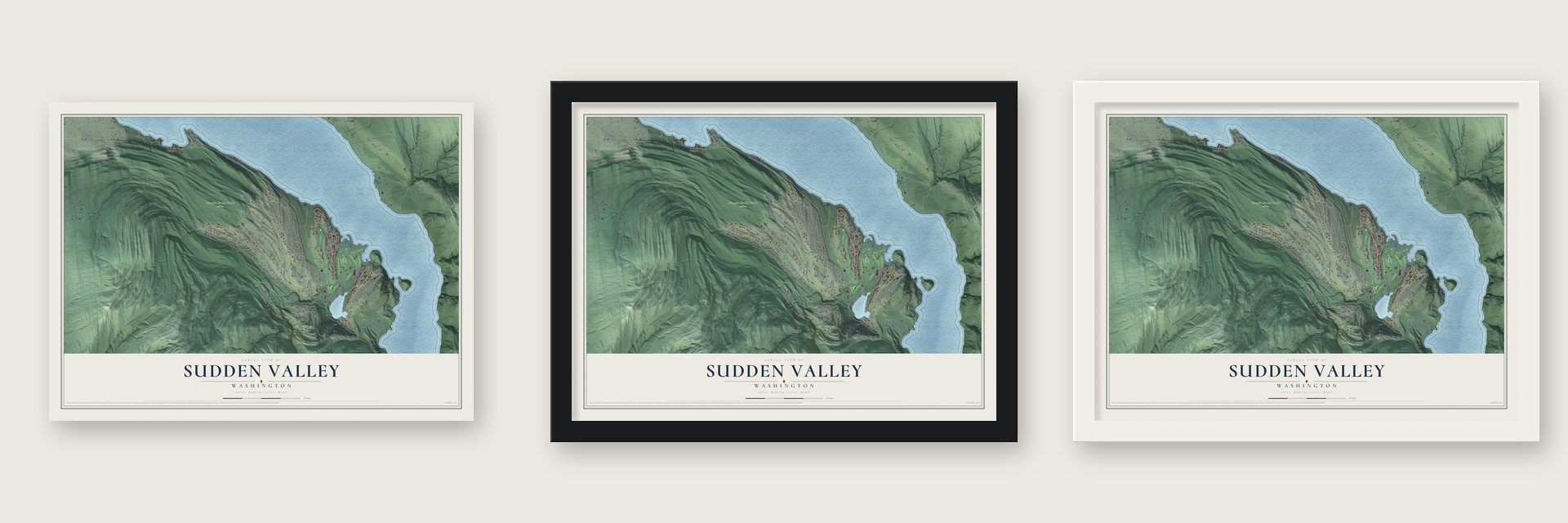 Sudden Valley, Washington map unframed, in a black wood frame and in a white wood frame