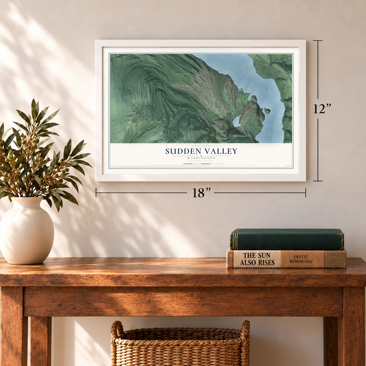 Sudden Valley, Washington map, 12 x 18 inch print in a white frame in an entryway