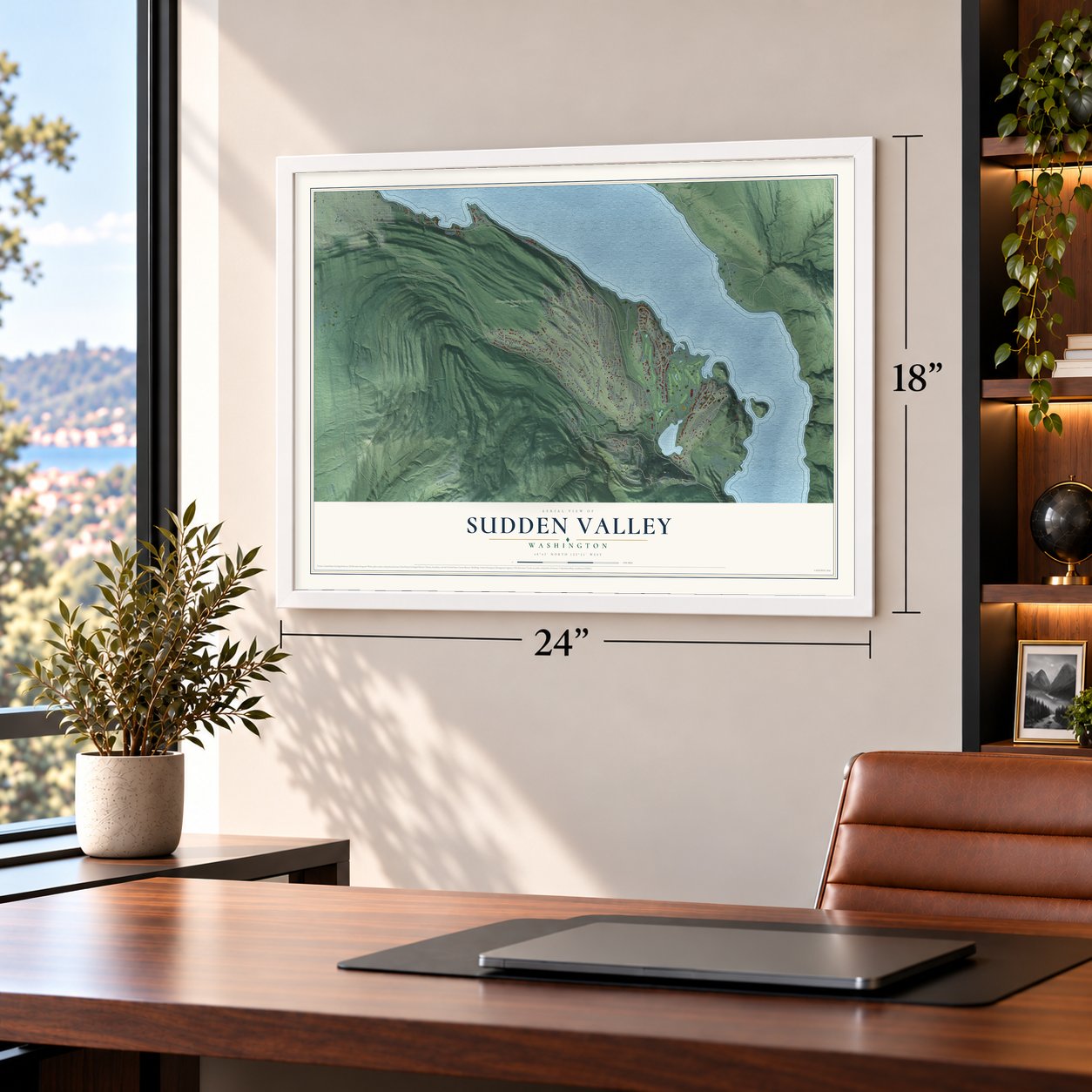 Sudden Valley, Washington map, 18 x 24 inch print in a white frame in a home office
